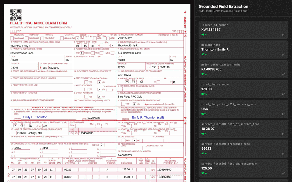 Hovering an extracted field card highlights the exact region of the source document the value came from